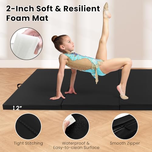 Giantex 4'x10'x 2" Gymnastics Mat, 4-Panel Folding Aerobics Exercise Mat w/Hook & Loop Fastener, Carrying Handle, Portable Tumbling Mat for Stretching Yoga Cheerleading Martial Arts - color: Black