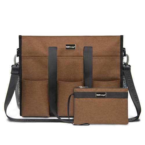 TOPDesign Utility Water Resistant Tote Bag with 22 Pockets, Top Zipper Closure & Thick Bottom Support, for Working Women - color: Brown, size: Medium