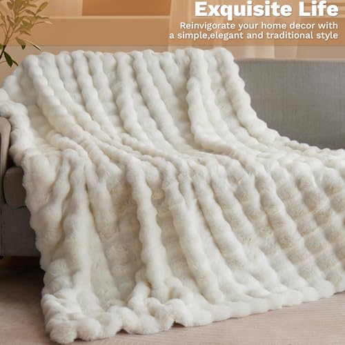 LIFEYJ Faux Fur Throw Blanket for Couch,Soft Plush Bubble Blanket,60"x80" - color: G-white, size: 60"W x 80"L