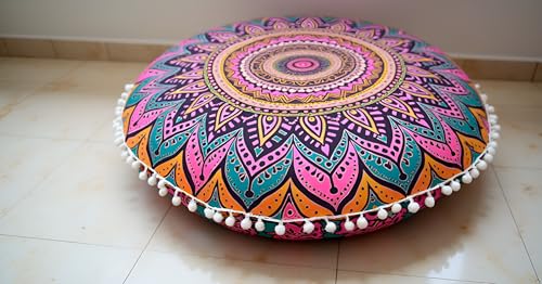 CRAFT KALA 22" Round Mandala Boho Pillow Cover Meditation Room Seating Poufs Cover for Living Room Yoga Room Home Bedroom Balcony Garden Party Decoration Cotton Floor Cushion Cover 22", New Pink Ombre - color: New Pink Ombre, size: 22"