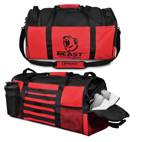 Beast Power Gear Gym Duffle Bag- Workout, Boxing, MMA, Sports Bag with Shoes Compartment and Adjustable Shoulder Strap for Men and Women (Red) - color: Red