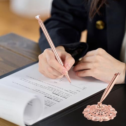 PATIKIL Hollow Round Pen Holder Signing Pen Set, Wedding Pen with Crystal Diamond and Pen Holder for Wedding Guests Book Engagement Opening Ceremony, Rose Gold - color: Rose Gold