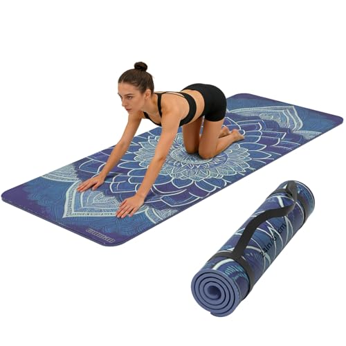 TPE Printed Yoga mat 72"x24"Thick 0.24”Non-Slip Fitness Exercise Mat | uede Printed Cute Lotus 6mm Yogamat Pilates Mats,with Strap for Women Men Outdoor Travel Home Workout Gym Floor Workout - color: Blue lotus