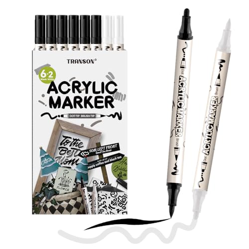 TRANSON 6 Black and 2 White Paint Markers Bold and Brush Dual-tip Acrylic Paint Marker for Rock Glass Canvas Wood Leather Ceramic DIY Painting - color: 6 Black and 2 White