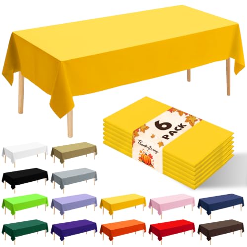 6 Pack Premium Disposable Plastic Tablecloth 54" x 108" Party Table Cloths Disposable for 6 to 8 Foot Tables Indoor or Outdoor Parties Birthdays Weddings Christmas Anniversary Buffet Table (Yellow) - color: Yellow