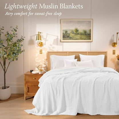 Threadmill Cotton Queen Blanket, Muslin, White, 100% Cotton Gauze Weave | 100% Cotton, Muslin Weave, Breathable, All-Season, Lightweight, OEKO-TEX Certified, Machine Washable - color: White, size: Queen