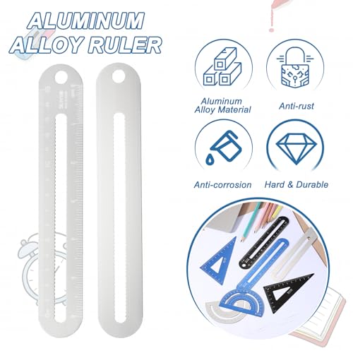 HARFINGTON 4pcs Triangular Ruler Set 15cm/6" Aluminum Alloy Straight Geometric Protractor Triangle Engineering Scale Drafting Ruler Kit Measuring Drawing Tool for Classroom Home, Silver White - color: Silver White