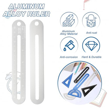 HARFINGTON 4pcs Triangular Ruler Set 15cm/6" Aluminum Alloy Straight Geometric Protractor Triangle Engineering Scale Drafting Ruler Kit Measuring Drawing Tool for Classroom Home, Silver White - color: Silver White