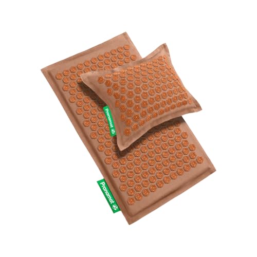 Pranamat Acupressure Large Mat and Pillow Set, Premium Acupressure Therapy for Pain Relief and Relaxation, Handcrafted in Europe with Sustainable and Natural Materials (Caramel Mousse) - color: Caramel Mousse