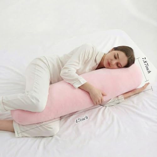 Chunful Body Pink Pillow for Adults 47" x 7.87" Long Lumbar Bolster Pillow with Removable Flannel Cover Pink Round Body Roll Cylinder Cushion for Bed Sofa Sleeping Lumbar Support