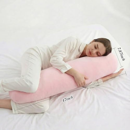 Chunful Body Pink Pillow for Adults 47" x 7.87" Long Lumbar Bolster Pillow with Removable Flannel Cover Pink Round Body Roll Cylinder Cushion for Bed Sofa Sleeping Lumbar Support