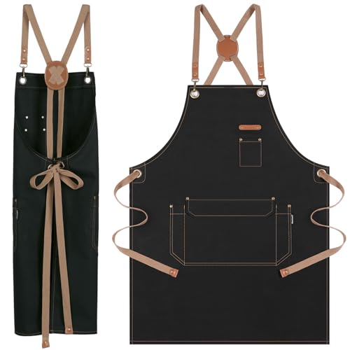 Chef Apron with Cross Back Straps for Men Women, Cotton Canvas Apron for Artists Painting, Kitchen Cooking - color: Black