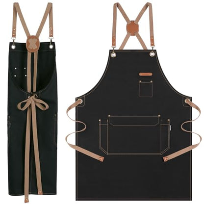 Chef Apron with Cross Back Straps for Men Women, Cotton Canvas Apron for Artists Painting, Kitchen Cooking - color: Black
