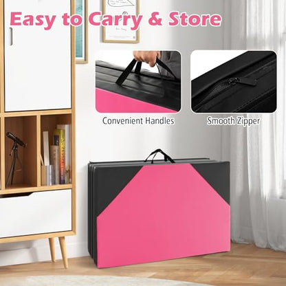 Giantex 4'x10'x 2" Gymnastics Mat, 4-Panel Folding Aerobics Exercise Mat w/Hook & Loop Fastener, Carrying Handle, Portable Tumbling Mat for Stretching Yoga Cheerleading Martial Arts - color: Rose/Black