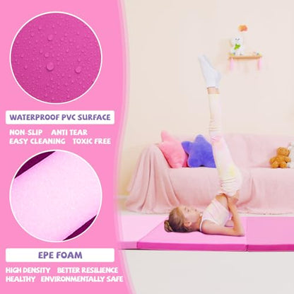 Kangaroo Hoppers Gymnastics Tumbling Mats Foldable Gym Tumble Mat for Kids - color: Gradient Pink, size: 4×8FT×1.5''