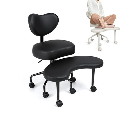 Pipersong Meditation Chair Plus, Cross Legged ADHD Office Desk Chair, Black | Memory Foam Padded Cushion, Exclusive Cresent Footstool Design, Ergonomic Backrest, Thick Certified Wood Board - color: Black, size: 17.5" Seat