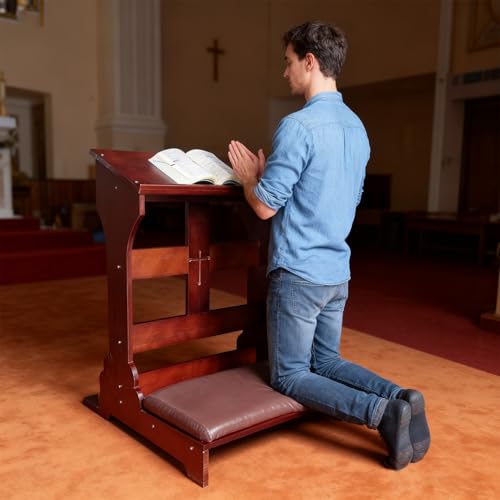 Wooden Prayer Bench Kneeler with Padded Cushion & Slanted Desktop Bible Shelf, Devotional Kneeling Table for Church & Meditation, 23”x20”x32”