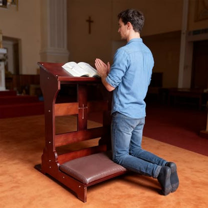 Wooden Prayer Bench Kneeler with Padded Cushion & Slanted Desktop Bible Shelf, Devotional Kneeling Table for Church & Meditation, 23”x20”x32”