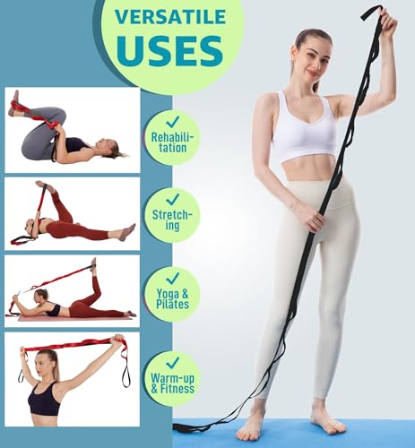 Calf Stretcher Multi Loop Stretch Strap - Physical Therapy Strap for Stretching, Calf Stretch Yoga Belt with Loops, Hamstring Stretcher, Leg Stretch Band, Fascia Stretcher & Arch Support Bands for Feet - color: BLACK