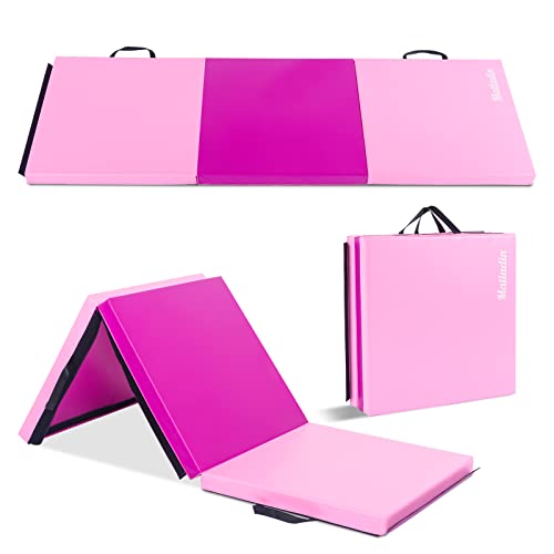 Matladin 6' Folding Tri-fold Gymnastics Gym Exercise Aerobics Mat, 6ft x 2ft x 2in PU Leather Tumbling Mats with Hook & Loop Fastener for Stretching Yoga Cheerleading Martial Arts - color: Purple&Pink