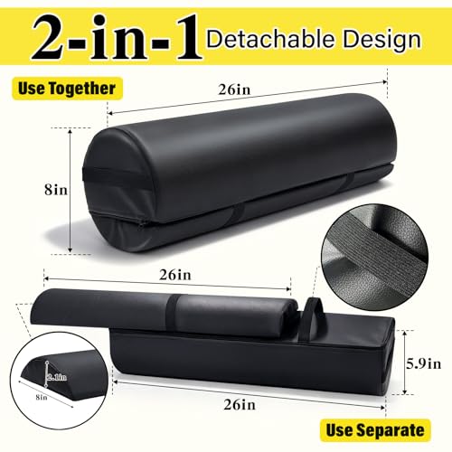 Massage Table Bolster Pillow with Strap Handle, 26 x 8 x 8 In Adjustable Bolster Pillow PU Leather, 1/4 & 3/4 Round Bolster Use Separately or Combine for Leg Neck Knee Support & Pain Relief, Black