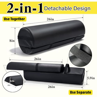Massage Table Bolster Pillow with Strap Handle, 26 x 8 x 8 In Adjustable Bolster Pillow PU Leather, 1/4 & 3/4 Round Bolster Use Separately or Combine for Leg Neck Knee Support & Pain Relief, Black