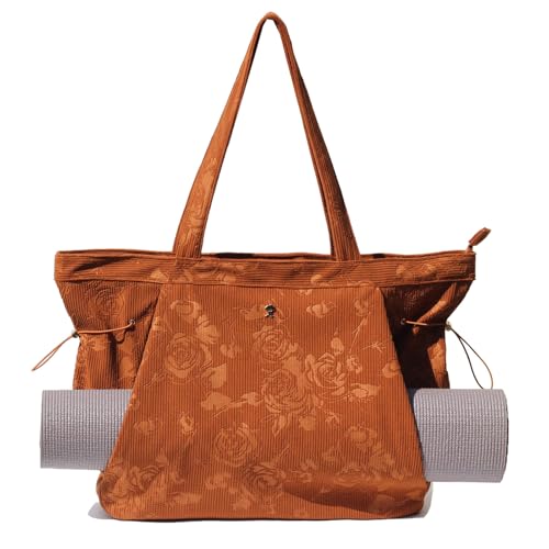 ESVAN Corduroy Yoga Tote Bag Gifts for Women Drawstring Yoga Mat Bag for Office Workout Travel Carryall Pilates Gym - color: Brown Rose