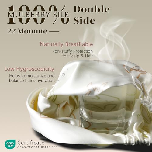 ZIMASILK 22 Momme 100% Pure Silk Bonnet for Sleeping, Ivory-Fruit Line Art - color: Ivory - Fruit Line Art