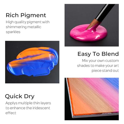 Smallbudi Iridescent Acrylic Paint Set, 20 Colors Bulk Color Shifting Paint | 250ml/8.45oz Large Bottles Fluid Painting Medium, Non Toxic Pearlescent Chameleon Craft Paint for Canvas Rocks Wood Crafts