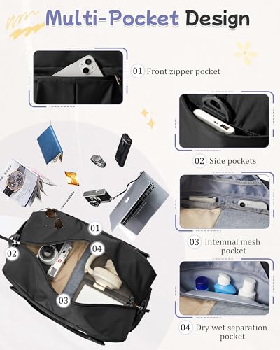 Large Duffle Bag for Travel with Shoe Compartment, Puffer Weekender Bags for Women Travel Tote Carry on Duffel Bag for Airplanes, Personal Item Bag Gym Bag Women, Black - color: Black X-Large