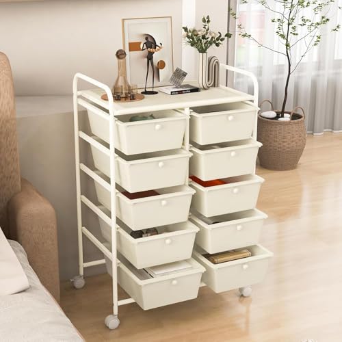 LDAILY 10 Drawer Rolling Cart, Storage Cart Organizer on Wheels, Drawer Cart with Metal Frame & Large Storage Capacity, Rolling Cart with Drawers for Living Room Classroom, Office - color: White, size: 10 Drawer