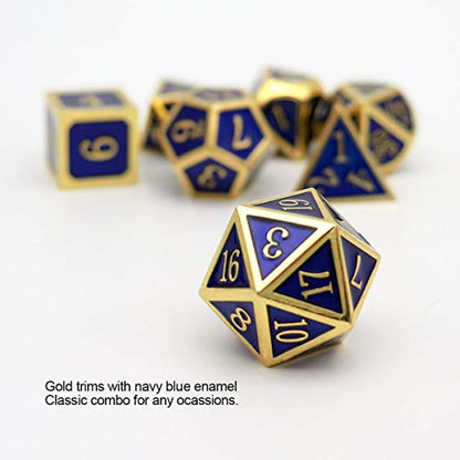Haxtec Metal DND Dice Set, 7 Pcs Royal Blue Polyhedral Dice for RPG | Gold Number D&D with Leather Bag, Compatible with Dungeons and Dragons, Enamel Heavy Metallic, D&D Gifts for Table Games - color: Gold Navy Blue