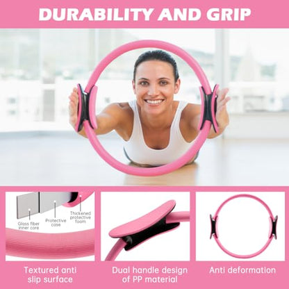 Pilates Essentials Kit for Women, 14 Pcs Pilates Equipment for Home Workouts with Yoga Circle Ball Ring, 5 Resistance Bands,Pedal Puller Resistance Band - color: Pink