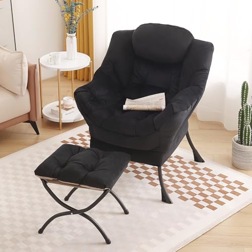 Tiita Lazy Chair with Ottoman, Comfy Reading Accent Chair, Velvet Black - color: Black