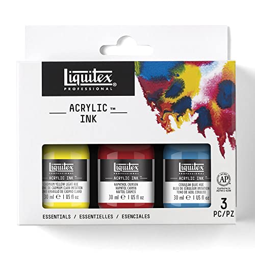 Liquitex Professional Acrylic Ink, 1-oz (30ml), Essential Color Set, Set of 3 | Ultra Fluid Acrylic, Highly Pigmented, Dye-Free, Non-Fading, Satin Finish, Permanent When Dry, Lightfast - color: Essential - Set of 3