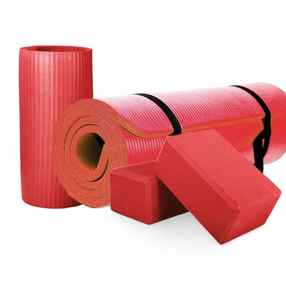 BalanceFrom 71x24 Inches Yoga Mat with Knee Pad and Optional Blocks – Extra 1-Inch Thick Non-Slip Foam with Anti-Tear Surface and Carrying Strap for Home, Studio, or Gym Workouts - color: Red, style: Mat & Knee Pad & Yoga Blocks