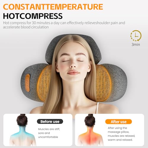 3-in-1 Neck Massager Pillow, Neck Massager for Pain Relief Deep Tissue, Massage Pillow with Heat, Vibration & Airbag Traction, 3D Ergonomic Cervical Hump Corrector Massage for Home Office