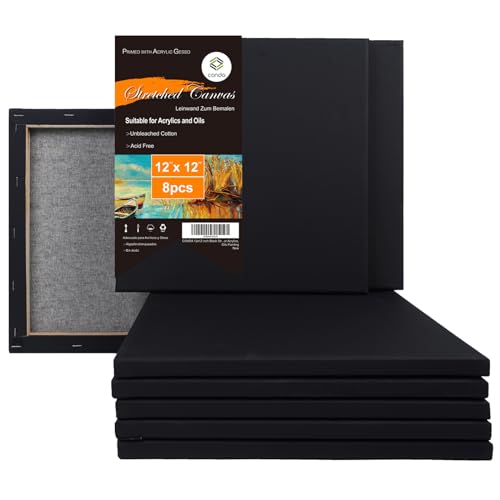 CONDA Black Stretched Canvas 12x12 inch, 8 Pack Canvases for Painting, 100% Cotton, 8 oz Gesso-Primed, 5/8 Inch Profile Artist Canvas Value Bulk Pack for Acrylics, Oils Painting - size: 12"x12" 8 Pack