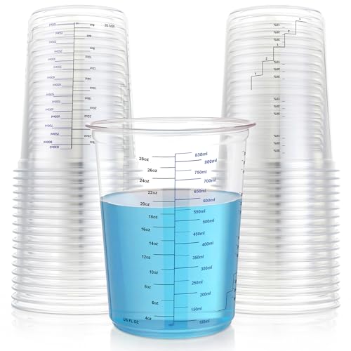Hushee 100 Pcs 32oz(1000ml) Graduated Resin Mixing Cups Bulk Clear Plastic Disposable Measuring Cups with 5-in-1 Multi Scale for Mixing Paint Pigments Epoxy Liquids Resin Kitchen Auto Art DIY Projects