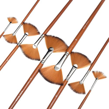 Artist Fan Paint Brushes Set,9 Pcs Professional Soft Anti-Shedding Fan Brush for Acrylic Oil Watercolor Gouache Painting Kits with Long Handle Nylon Hair