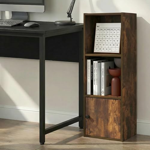 Furinno LUDER Book Shelf, 3-Tier Bookshelf with Open Shelf, Standing Bookcase with 1 Door Cabinet, 9.3 x 12 x 31.5, for Organization and Storage, for Living Room, Bedroom, Home Office, Amber Pine - color: Amber Pine, size: 3-Cube with Cabinet
