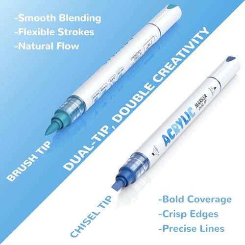 Guangna 12 Blue Dual Tip Acrylic Paint Markers, Brush Tip & Chisel Tip Acrylic Paint Pens for Pumpkin Paint, Rock, Wood, Glass, Paper, Coloring Book, Ceramic, Canvas, Water-Based Ink - color: Blue