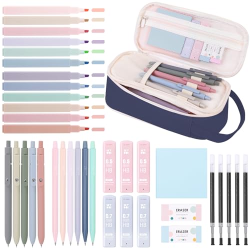 SKYDUE Cute School Supplies Kit, 38 PCS Aesthetic Stationery Set with Large Pencil Case, Pens, Mechanical Pencils, Highlighters & Sticky Notes for School, College - color: Blue