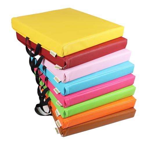 8 PCS 16 Inch Square Floor Pillows with Handles | Waterproof Synthetic Leather Flexible Seating Cushions | 16''x16''x2'' Thick Floor Cushions for Classroom, Home, Yoga & Meditation - color: Yellow, Red (Maroon), Light Pink, Sky Blue, Bright Pink (Fuchsia)