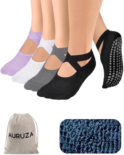 AURUZA Pilates Grip Socks for Women Non Slip Skid Yoga Socks with Grips Straps for Ballet Dance Workout Gripper Sock - color: 4pairs- Black+grey+white+purple, size: Medium