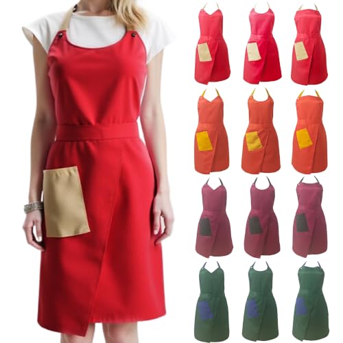 Kitchen Apron with Pockets for Adults,Waterproof Cooking Aprons for Women/Men,Baking/Grilling,Green/Orange/Wine Red - color: Bright Red, size: V-neck