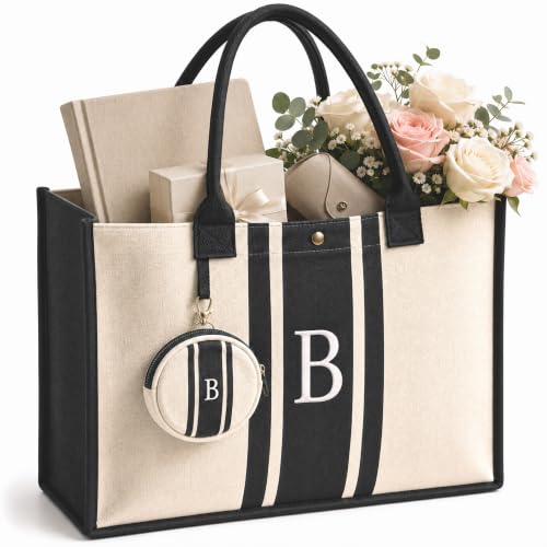 LEAFICO Initial Canvas Tote Bag – Monogrammed Gift for Women | Personalized Letter Tote for Travel Weddings Birthdays - color: B