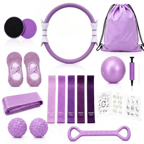 Hoikwo Purple 15 Pcs Pilates Kit for Women Resistance Bands Combo Yoga Sets | 7.3" Yoga Ball with Pump, 5 TPE Loop Bands, Long Band, Figure-8 Band, 2 Sliders, Grip Socks and Storage Bag for Home, Gym