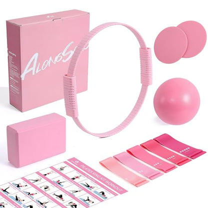 ALongSong Pilates Kit for Women, 13.7in Silicone Pilates Ring with 5 Resistance Bands, 1 Pilates Ball, 1 Pilates Block, 2 Core Sliders, Video Guide for Full Body Home Workouts