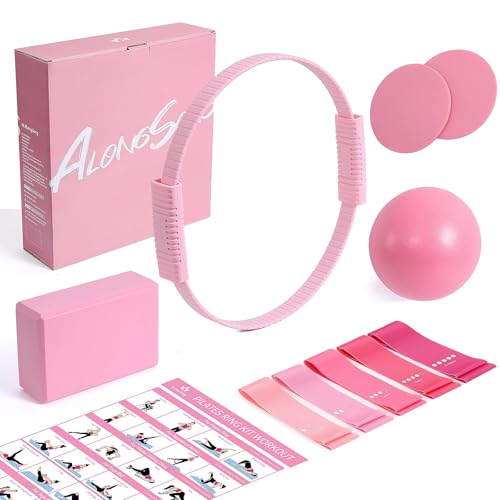 ALongSong Pilates Kit for Women, 13.7in Silicone Pilates Ring with 5 Resistance Bands, 1 Pilates Ball, 1 Pilates Block, 2 Core Sliders, Video Guide for Full Body Home Workouts